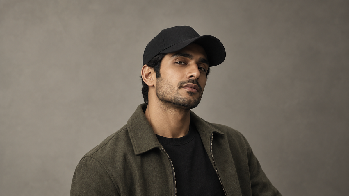 Ray of light editorial portrait in a black cap