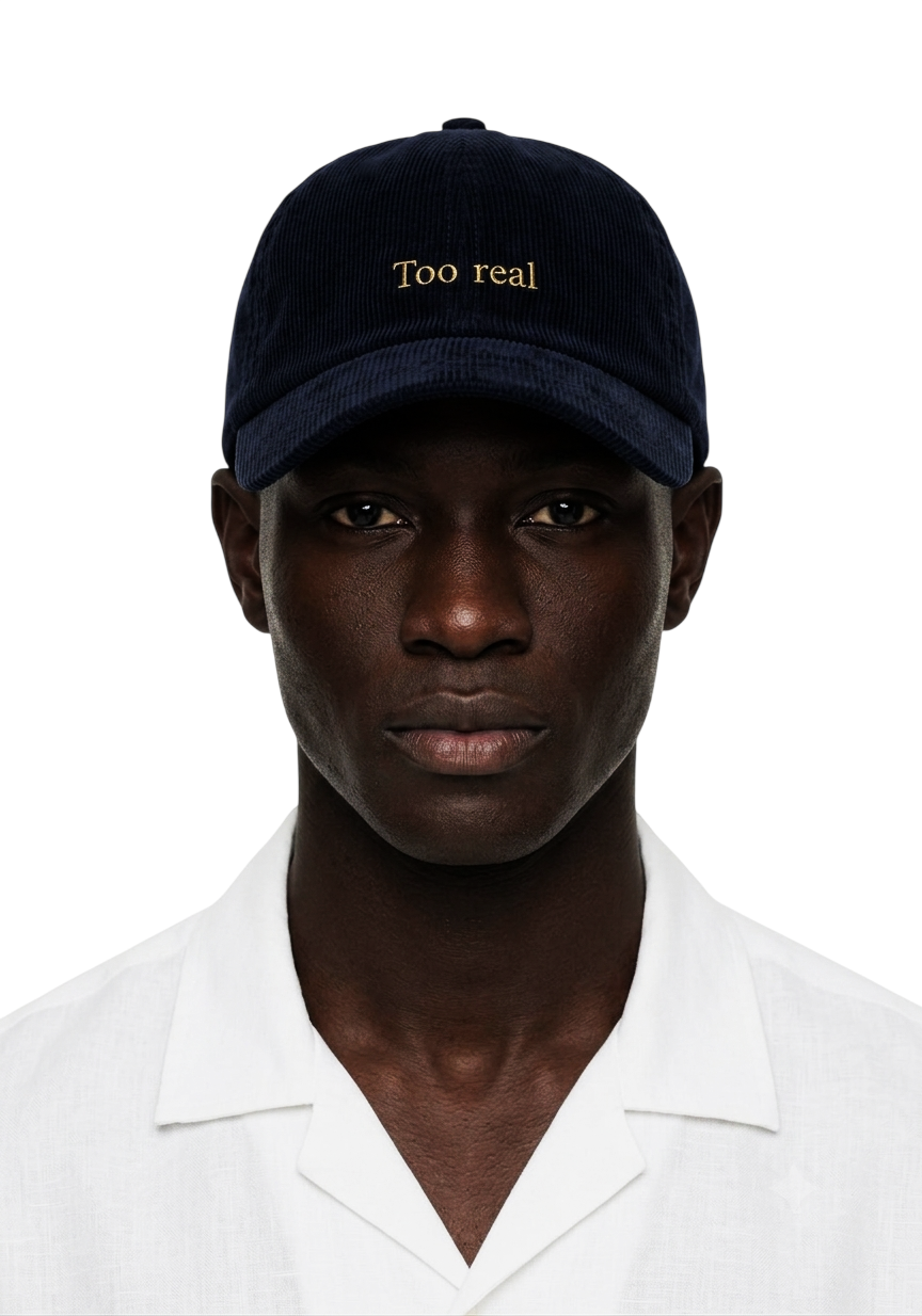 Ray of Light Too Real corduroy cap in Navy Blue - model view