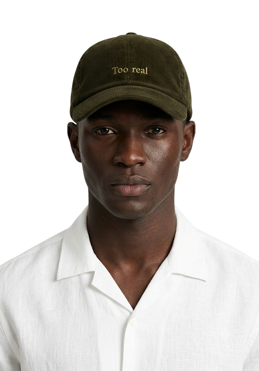 Ray of Light Too Real corduroy cap in Olive Green - model view