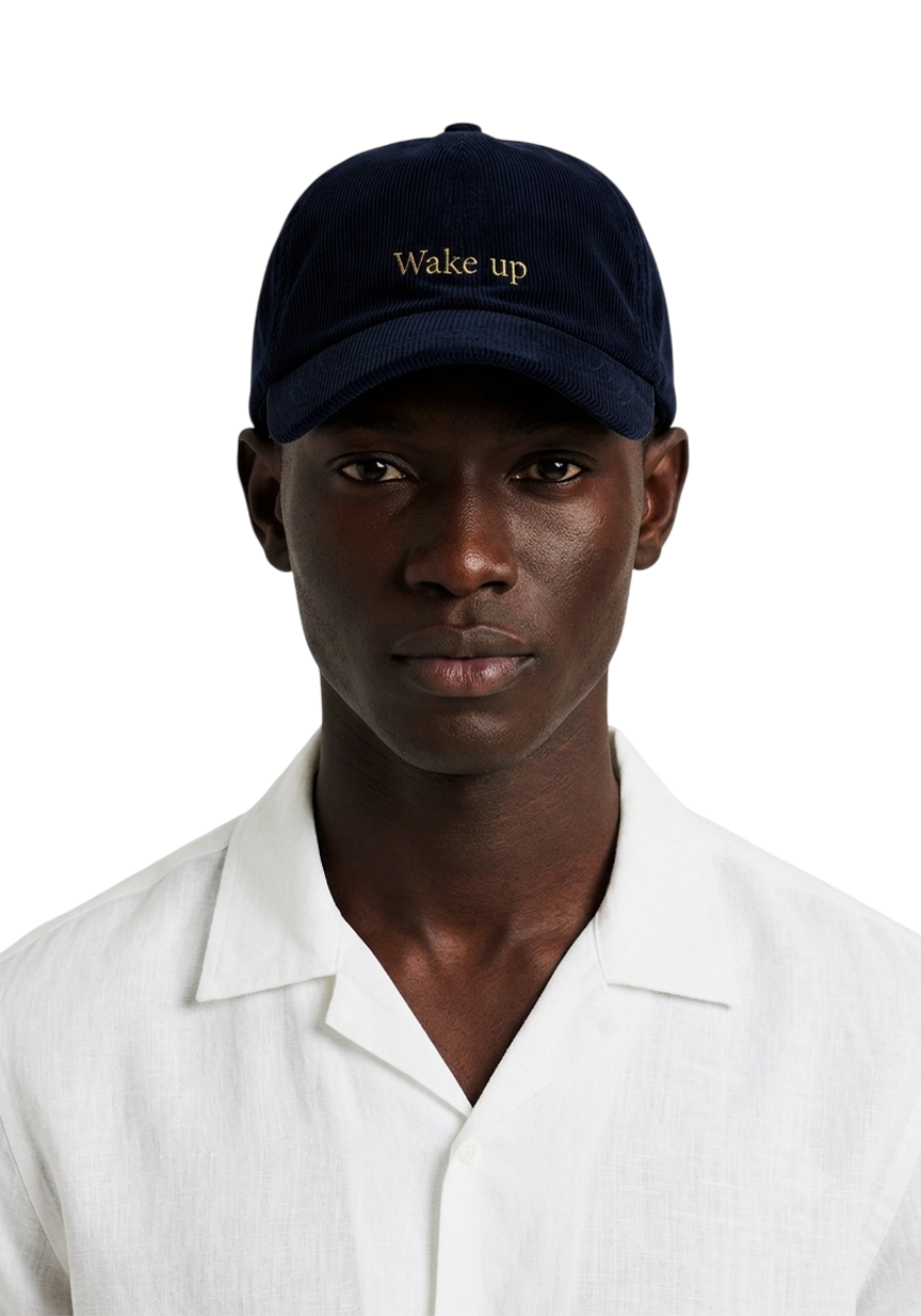 Ray of Light Wake Up corduroy cap in Navy Blue - model view